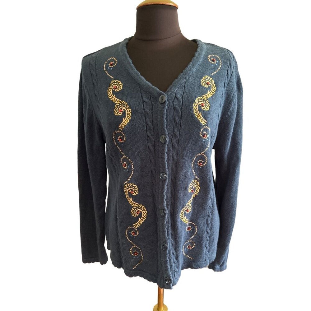 BonWorth Blue Embroidered Beaded Cardigan Sweater, Size MP